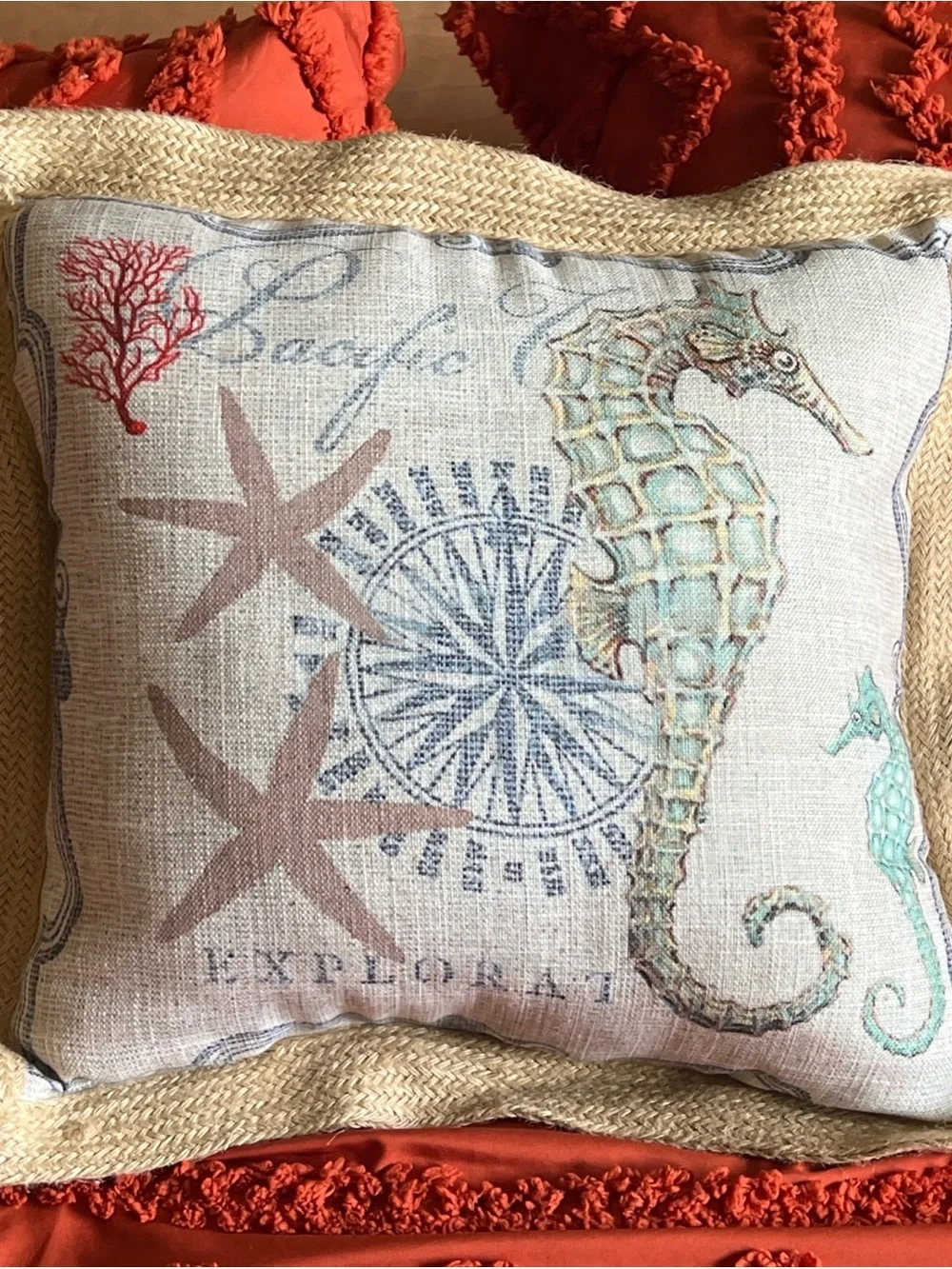 Coastal Seahorse Decorative Pillow - Beige & Aqua 20”x20” Rope Edge